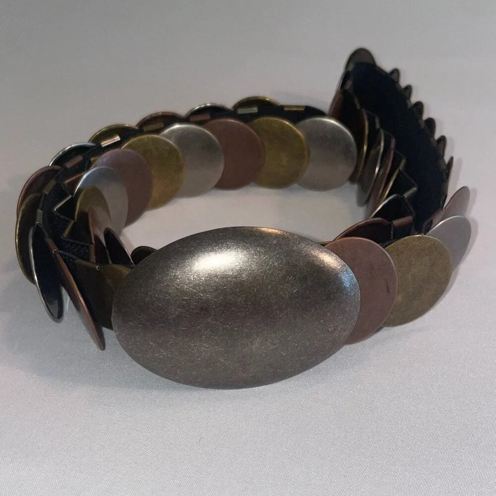Vintage-Inspired Stretch Disc Belt Mixed Metal-tone Elastic Statement Belt